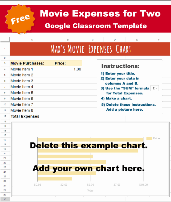 Google Classroom Movie Expenses Spreadsheet with Chart K5 Computer Lab