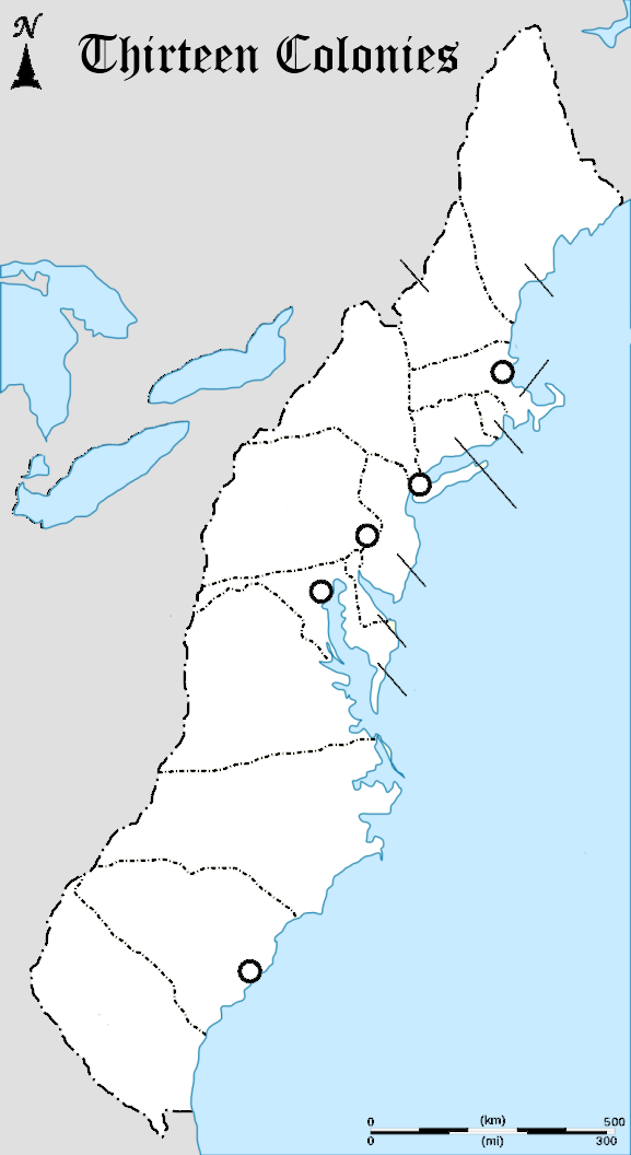 Thirteen Colonies Map for Labeling