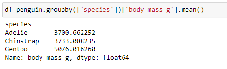 Python dataframe GroupBy statement to calculate Mean over each Penguin Species
