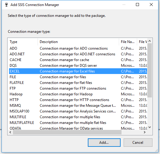 SSIS Connection Manager Excel
