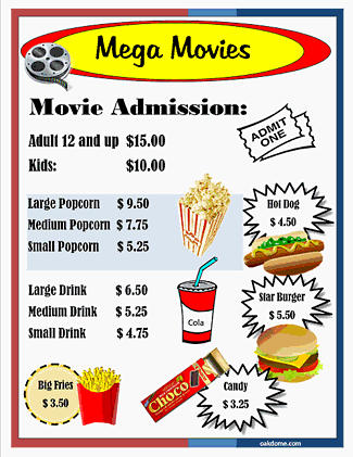 Mega Movies Menu and Price List