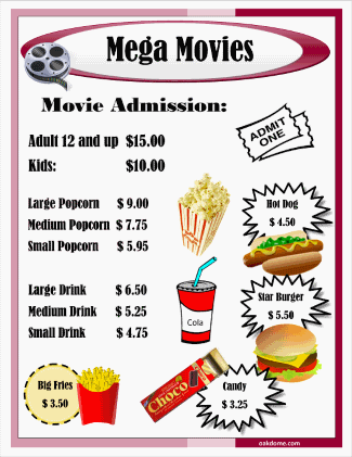 Movie Expense Price List