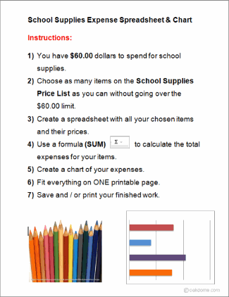 Google Sheets School Supplies Expense Chart Student Instructions