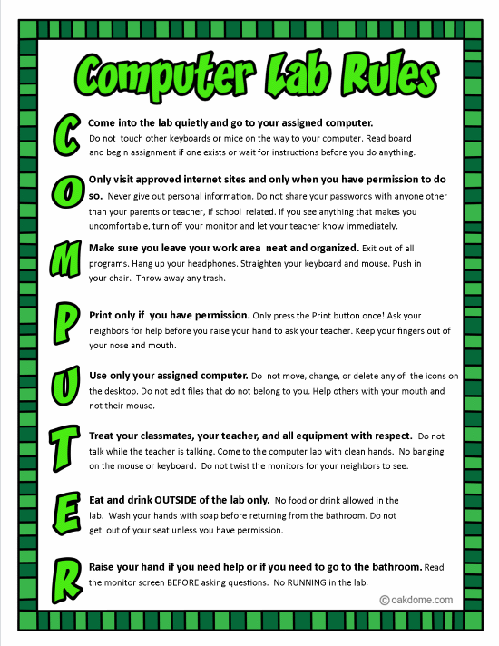 Computer Lab Rules Chart