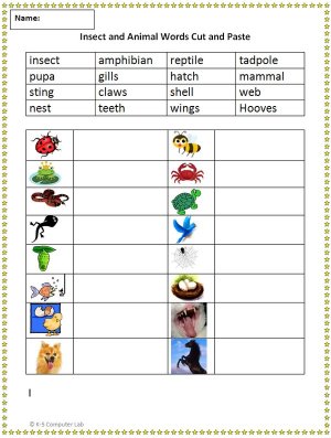 Cut and Paste Animal Vocabulary Version 2