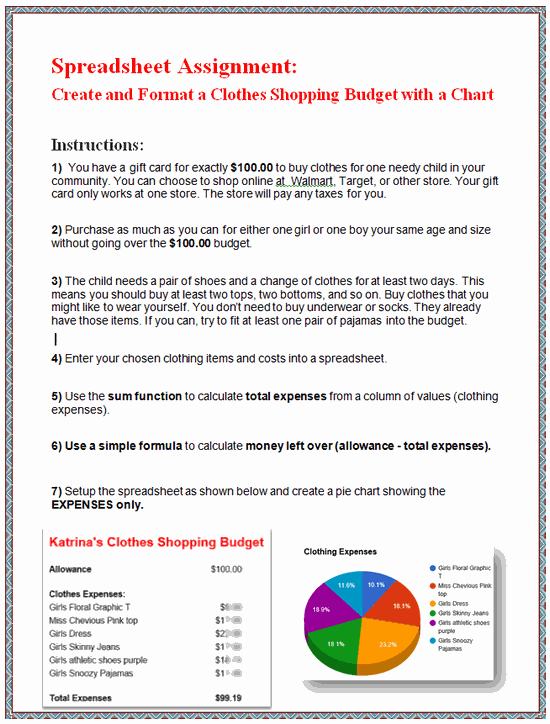 Excel Lesson Plan - Clothes Shopping Budget with Chart