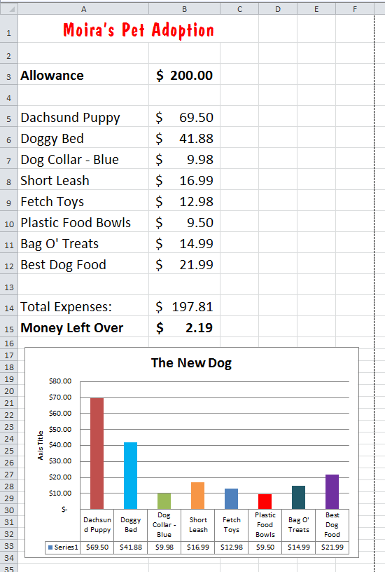 Excel Lesson Plan Puppy Pet Adoption Budget K 5 Technology Lab