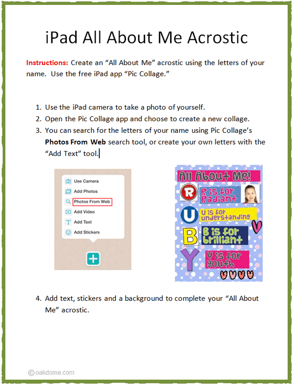 iPad All About Me Acrostic Instructions: