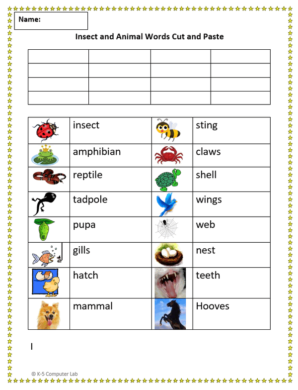 Cut and Paste - Animal and Insect Words | K-5 Technology Lab