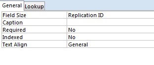 SQL Table Design Mode in MS Access Showing Number Field Size as ReplicationID