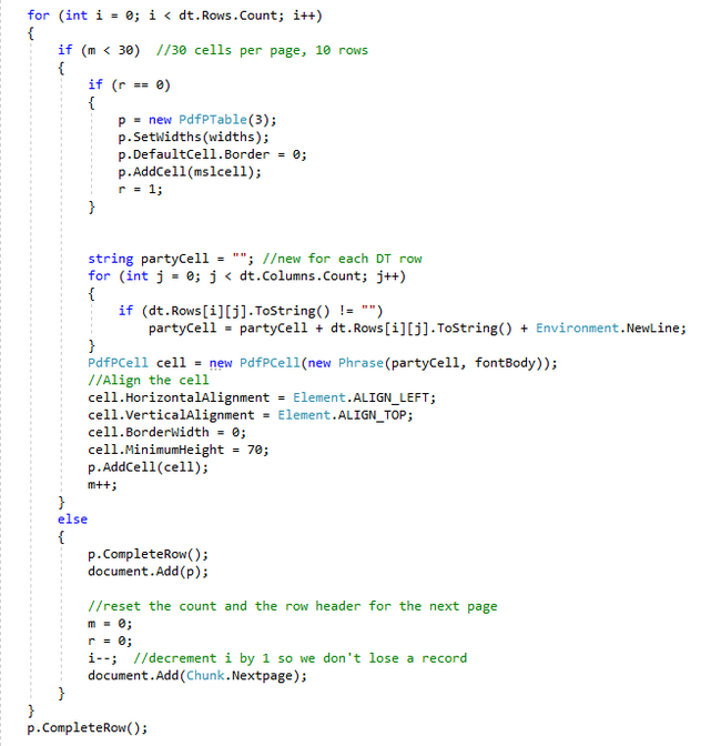 Building the iTextSharp PdfDocument using a DataTable of Rows and Columns