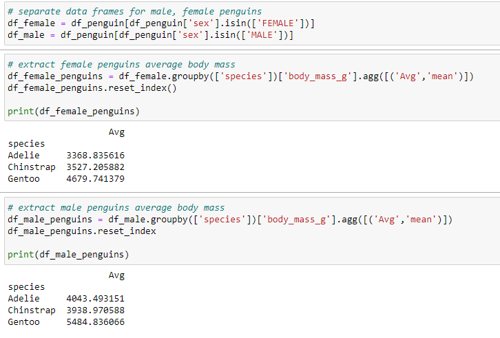 2 Data Frames to split males & females + 2 new data frames with Average Body Mass