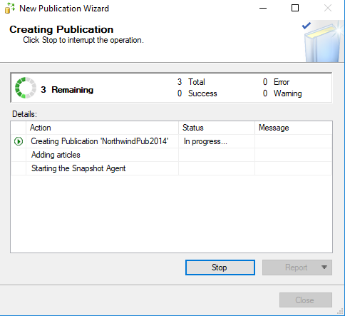 Creating Publication SQL Server window