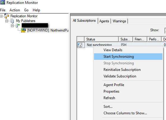 Start Synchronizing in Replication Monitor