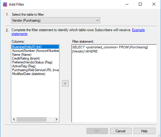 Add Publication Filter Dialog Box - Snapshot Replication