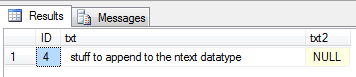 Result using WRITETEXT method for ntext datatype
