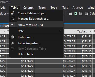 SSAS Visual Studio Tabular Database Project Show Measures Grid
