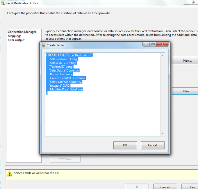 SSIS Create Table