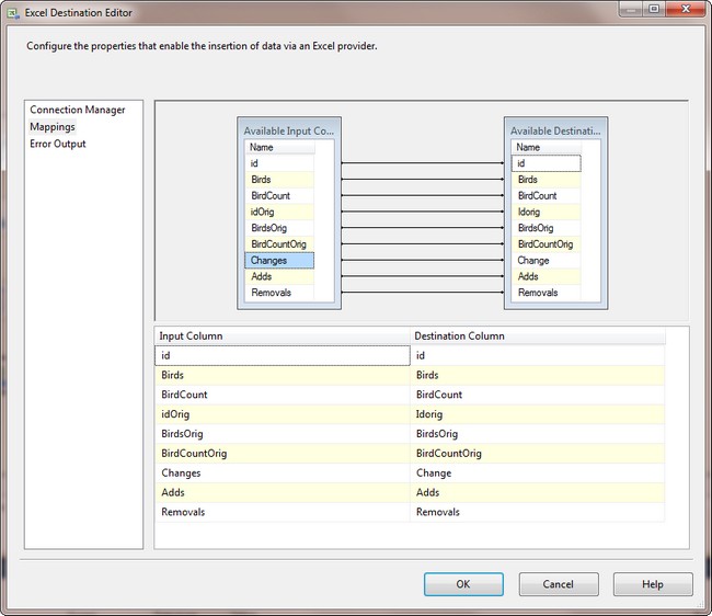 SSIS Column Mapping to Excel with Changes