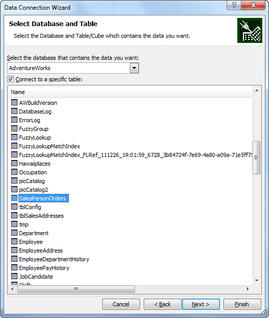 SQL Database and Table Selection in Excel