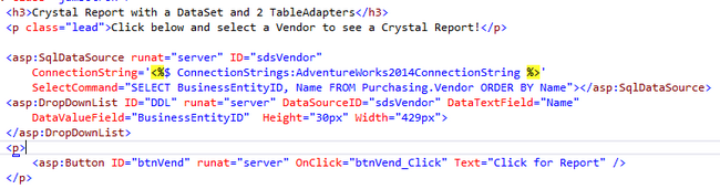 Default.aspx SQLDataSource with DropDownList to select Vendor ID for QueryString