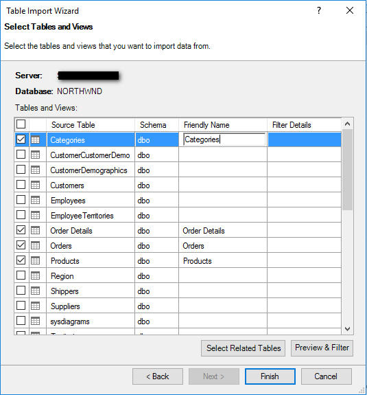 Power Pivot SQL Database Table Import selection
