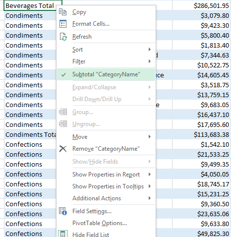 Removal of Subtotal in Pivot Table